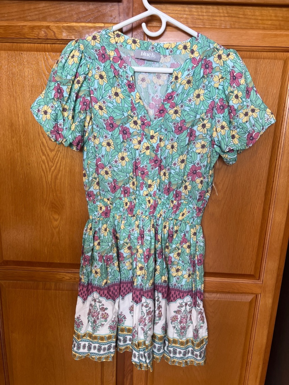 blush Green Floral women’s Dress with Yellow & Pink Accents